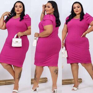 NEW Ribbed Princess Sleeves Dress Hot Pink Large